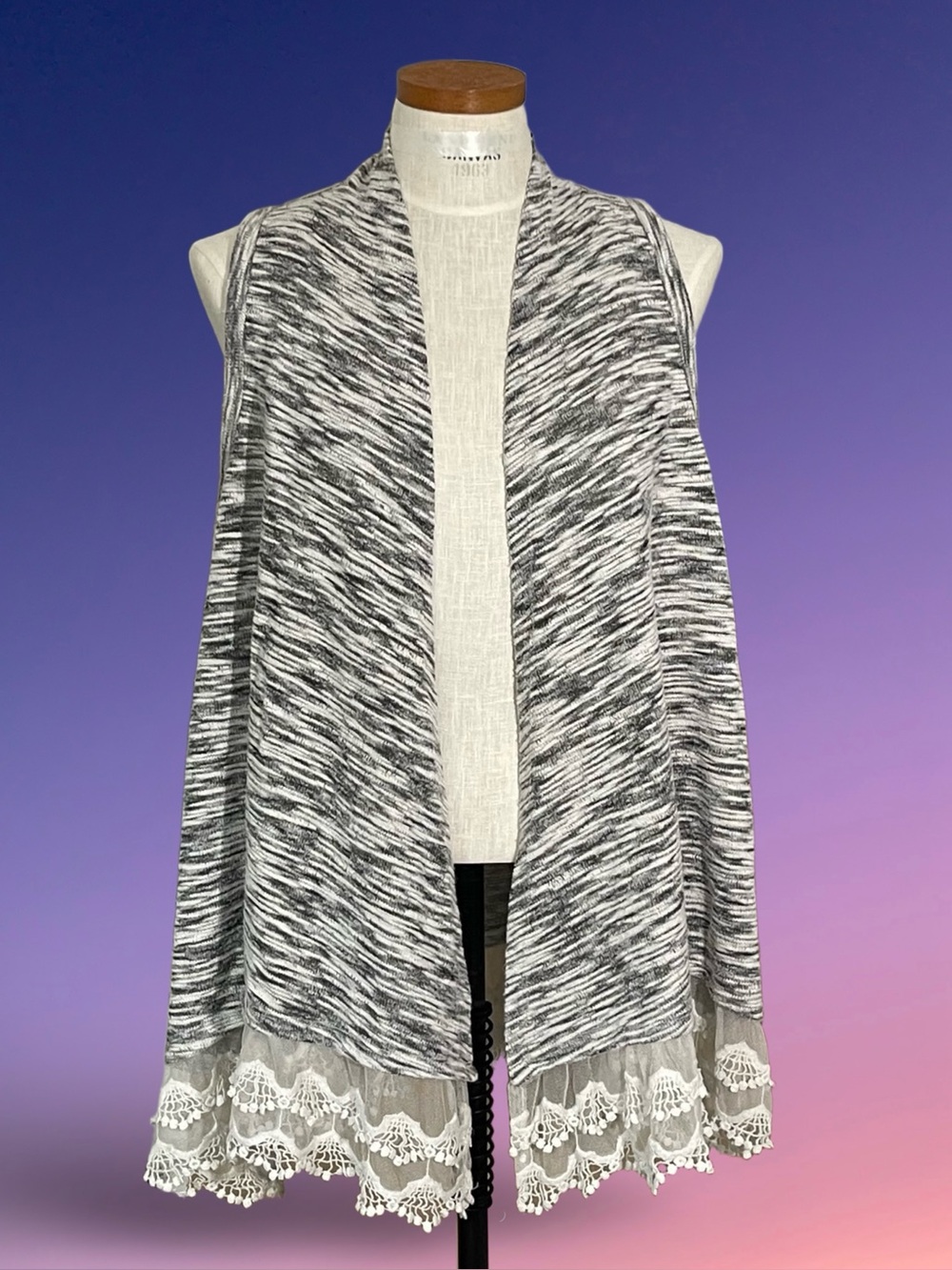 New Directions Gray Space Dye Boho Lace Hem Drape Cardigan Vest SzXL